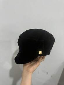 1pc Women's Vintage Faux Suede Octagonal Newsboy Cap, Gold Button Flat Top Baker Boy Hat, Suitable For Autumn/Winter Outfits - A - View 6