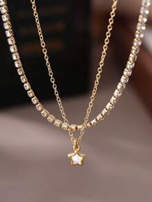 Nooxian 2pcs/Set Minimalist Vacation Style Five-Point Star Pendant Anklet Layered Rhinestone Studded Anklet Set For Women - Yellow Gold - View 3