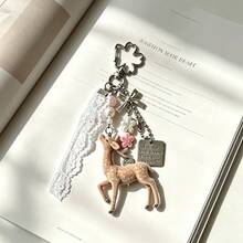 1pc Flocked Deer Keychain, Lace Ribbon Flower Bead Charm, Cute Atmosphere Pendant, Suitable For Handbag, Backpack Decoration, Can Be Used As Gift - Multicolor B - View 4