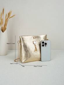 Damen Metallic Crackle Polyester Ketten Umhängetasche, modische Perlen Dekor Schultertasche, Gold Silber Farboptionen, lässige tägliche Party Handtasche - Gold - Übersicht 5