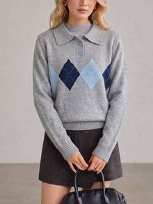 Women's New Autumn/Winter Retro Argyle Knit Polo Collar Pullover Sweater Long Sleeve Regular Fit Top - Grey - View 1