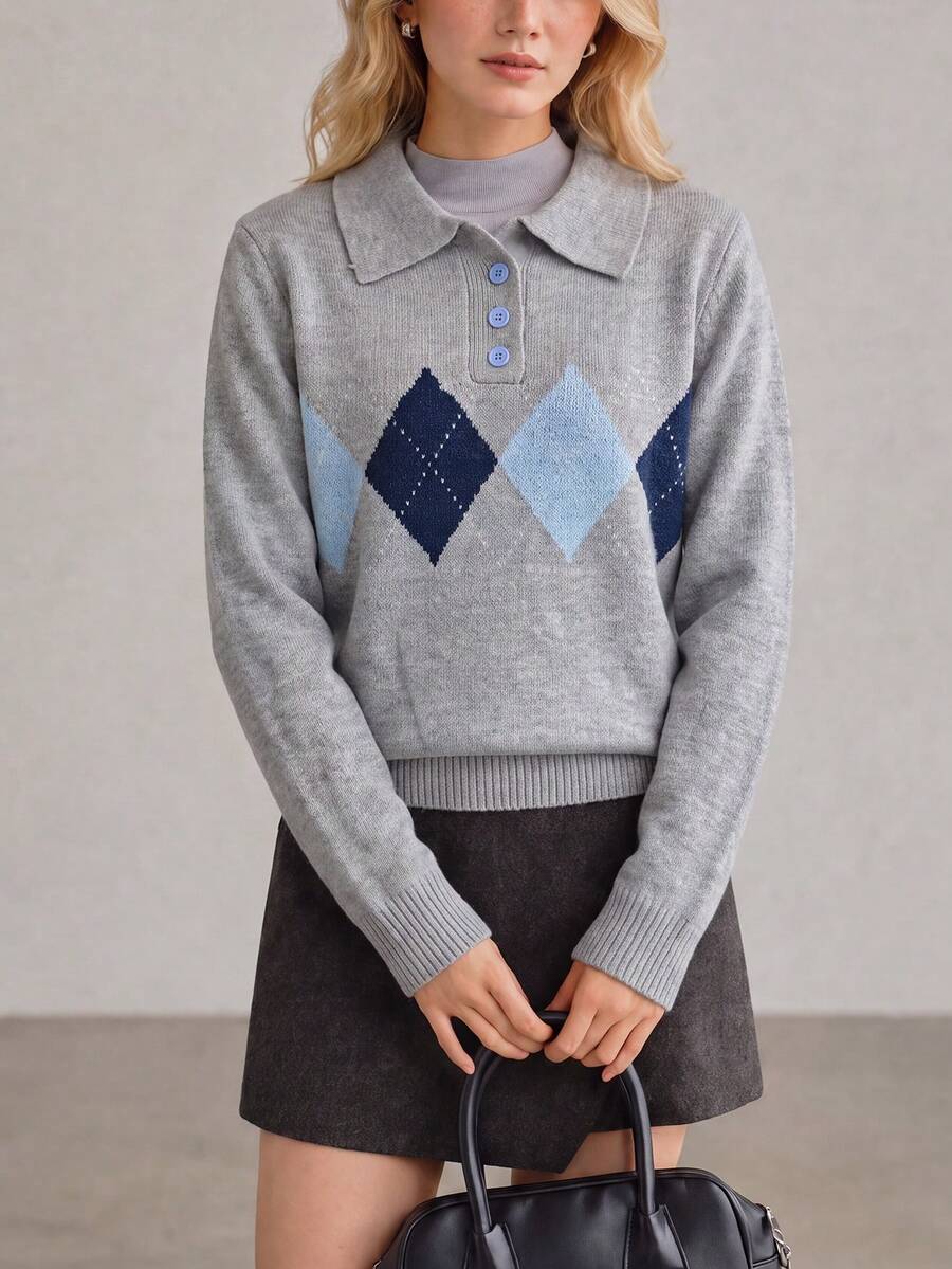 Women's New Autumn/Winter Retro Argyle Knit Polo Collar Pullover Sweater Long Sleeve Regular Fit Top - Grey - View 1