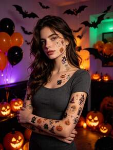 30pcs Halloween Colored Cartoon Tattoo Stickers, Featuring Realistic And Interesting Patterns Of Spiders, Pumpkins, Ghosts, Witches, Bats, And More. Suitable For Various Parts Of The Body, Can Be DIY, Waterproof And Long-Lasting - Multicolor - View 5