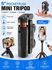 YAIUZGOO 5" PocketFlex Mini 三腳架，可折疊便攜式手機三腳架支架，可調高度、360°旋轉、無線遙控，緊湊型智慧型手機支架，適用自拍、Vlog、直播、旅行與攝影 - 彩色 - 查看 2