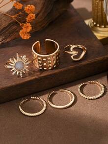 6PCS Popular Women's Fashion Elegant Personalized Sunflower Heart Set Rings Wedding Engagement Party Jewelry Gift - Gold - View 3