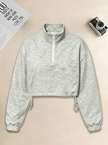 Women's Short Half-Zip Cinched Waist Adjustable Stand Collar Y2K Sporty Casual Top - Grey - View 2