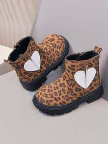 Leopard Print Heart Patchwork Children's Short Boots, Girls' Autumn/Winter New Style Thermal Lined Warm Boots With Side Zipper And Anti-Slip Sole - Brown - View 2