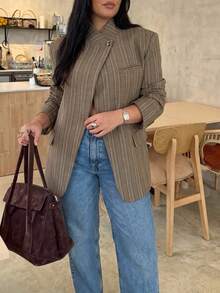 Women's Autumn/Winter New Plaid Asymmetric Casual Blazer, Vintage Design, Elegant - Maroon - View 2