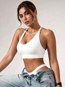 Runway Rest 1pc Women's Solid Color Halter Neck Sports Bra, Removable Padding Fitness Yoga Backless Comfortable Sports Underwear - White - View 5