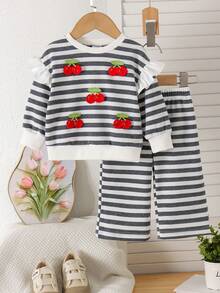 2pcs Baby Girl Cute Casual 3D Cherry Striped Long Sleeve Sweatshirt & Wide Leg Pants Set, Thin Spring/Autumn - Grey - View 1