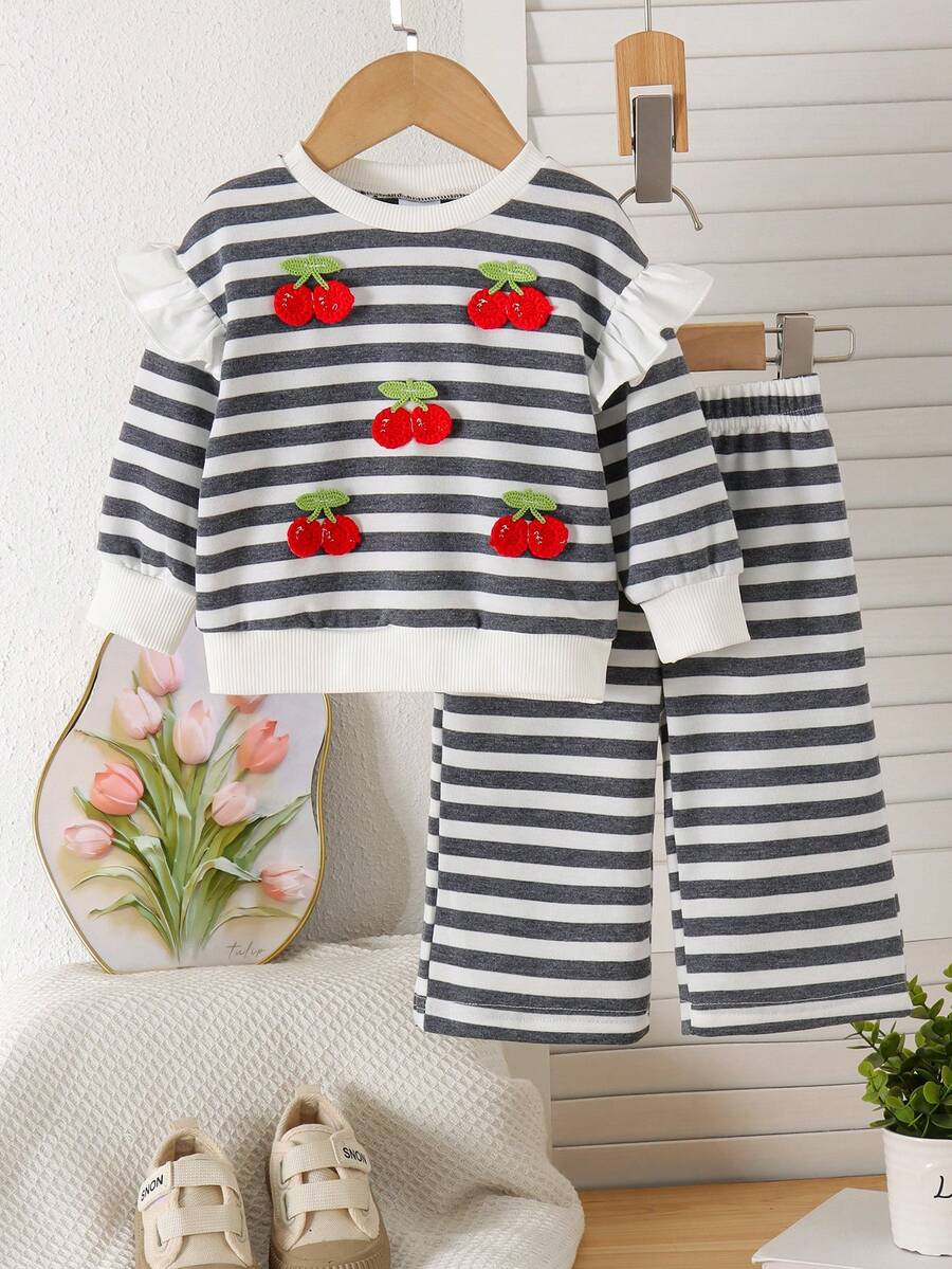2pcs Baby Girl Cute Casual 3D Cherry Striped Long Sleeve Sweatshirt & Wide Leg Pants Set, Thin Spring/Autumn - Grey - View 1
