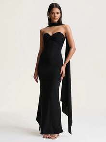Women's Sexy Elegant Black Knit Bandeau Twisted Design Mid-Length Bodycon Dress, Suitable For Vacation, Party, Holiday, Gathering, Date, Evening, Cocktail, Graduation, Back To School, Valentine's Day, Christmas, Wedding Season And Other Formal Special Occasions - Black - View 7