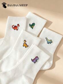 5 Pairs Women's Cute Cartoon Dinosaur Animal Mid-Calf Socks, Unisex, Suitable For Daily Casual Wear - White - View 3