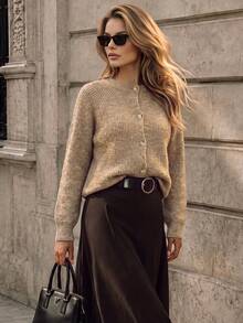 Autumn Khaki Crew Neck Knit Cardigan For Women Raglan Sleeve Button Down Fuzzy Soft Knit Tops Casual Fall Daily Outfits - Brown - View 9