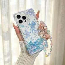 Ins Wavy Border Ocean Jellyfish & Floral Print Phone Case, With Colorful Floral Bead Chain Lanyard, Full Coverage Anti-Drop Transparent Soft Shell, Suitable For IPhone18pro/18promax/17/17Pro/17ProMax/16/16Pro/16ProMax/15/15Pro/15ProMax/14/14Pro/14ProMax/13/13Pro/13ProMax/12promax/12/11, Fresh Dreamy Girly Style - Multicolor - View 4