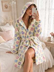 Aesletic Girls' Milk Yellow Colorful Floral & Heart Print Hooded Coral Fleece Bathrobe, Autumn/Winter Waist Short Robe - Multicolor - View 8
