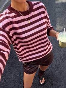 Women's Autumn/Winter Striped Round Neck Long Sleeve Knit Sweater Contrast Color Pullover Top - Burgundy - View 3
