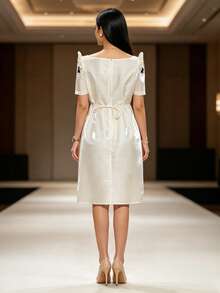 Modern Attire Dress Elegant Butterfly Sleeves Printed Women's Short Sleeve Dress - Champagne - View 2