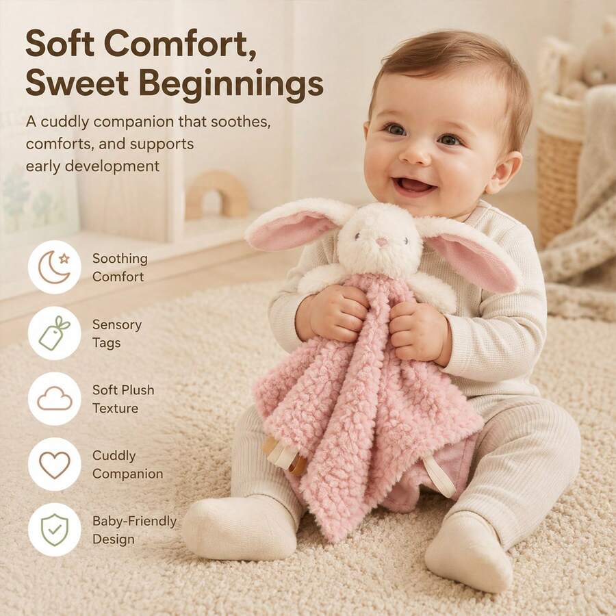 1pc Rose Plush Baby Comfort Blanket, Cute Rabbit Plush Quilt, Soft Tag Touch Comfort Toy, Portable Newborn Sleep Toy