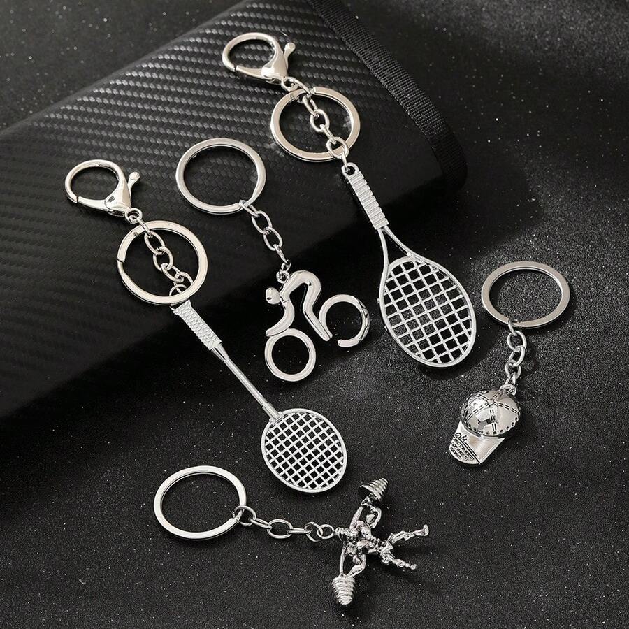 1pc Sports-Themed Metal Keychain Mini Realistic Racket, Cycling, Weightlifting, Baseball Helmet Shaped Pendant, Simple Silver Texture Bag Charm, Sports Enthusiast Portable Accessory, Creative Commemorative Small Gift, Suitable For Keys, Backpack Decoration, Gift Giving, Personalized Sports Style Pendant - Multicolor - View 1