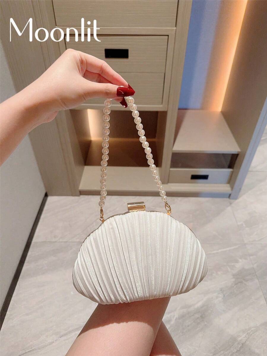 1 件优雅褶皱盒装设计手拿包，仿珍珠装饰，适合婚礼、派对、舞会、晚礼服的正式手提包，链条肩带方形包