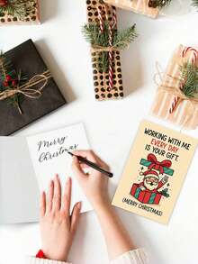 8pcs/4sets, 2sets, 1set Christmas Greeting Cards With Envelopes, Humorous Christmas Card With Santa Claus - "Working With Me Every Day Is Your Gift" Message, Red & Green Holiday Design, Suitable For Office Party Team Appreciation Or Secret Exchange, Christmas Holiday Workplace Party Decoration - A - View 6