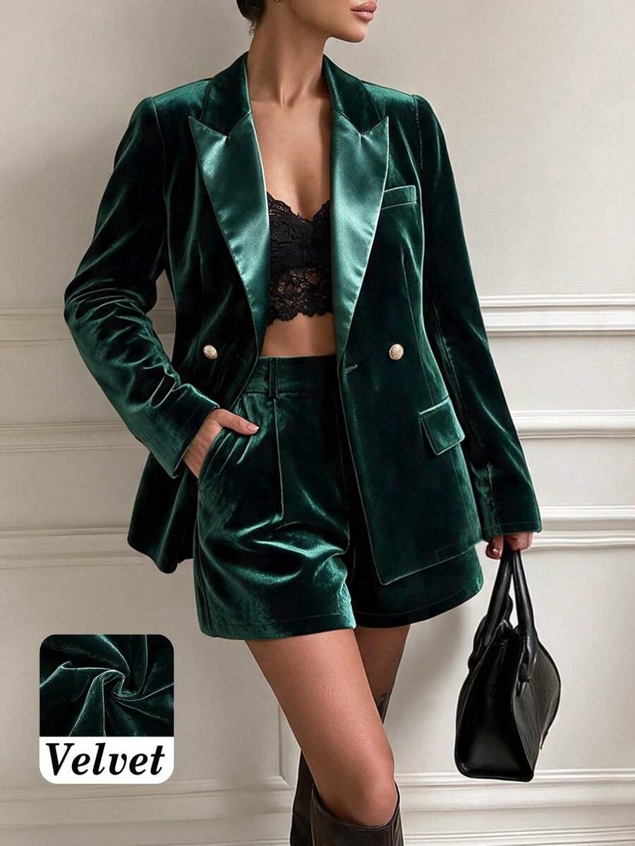 Women's Autumn/Winter Office Daily Holiday Composite Velvet Fabric Solid Color Slim Fit Double-Breasted Long Sleeve Blazer & Flared Pants Set - Dark Green - View 1