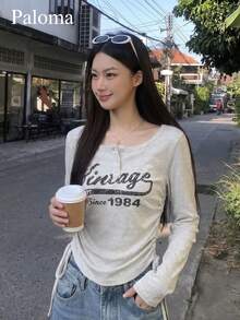 American Side Drawstring T-Shirt Women, Half Open Collar Long Sleeve, Printed Fitted Crop Top Casual Spring - Grey - View 1