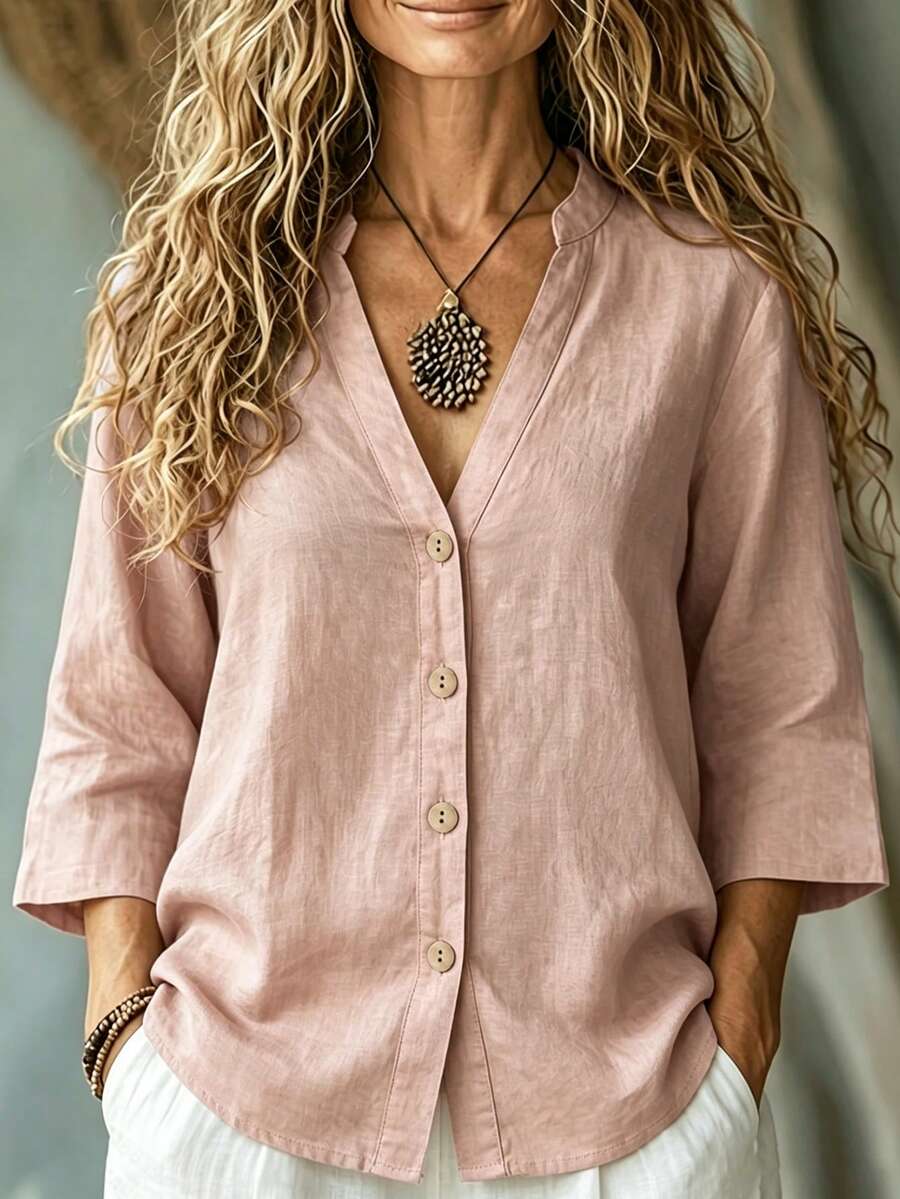 女款優雅休閒寬鬆V領單排扣襯衫，日常穿搭