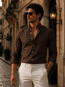 Men's Slim-Fit Casual Long-Sleeve Button-Up Shirt - Soft Textured Cotton-Linen Blend Breathable Shirt For Modern Smart-Casual & Everyday Wear - Brown - View 3