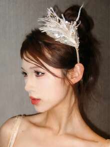 1pc Super Fairy Princess Style Feather Headband, Suitable For Performance Occasions, Also A Beautiful Birthday Gift Or Headpiece For Piano Performance. - Champagne - View 3