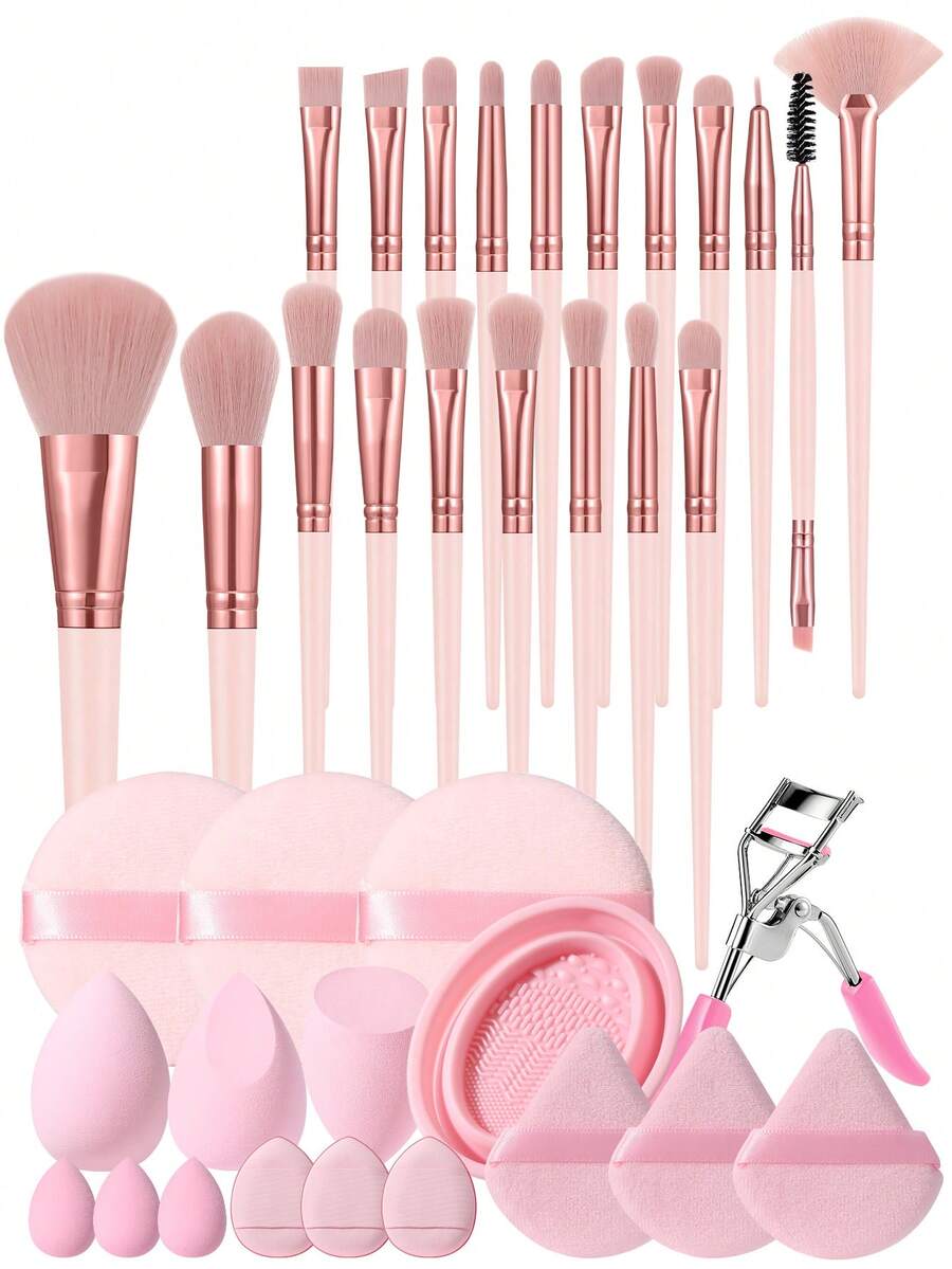37Pcs/8pcs Pink Makeup Brush Set Makeup Brushes Cosmetic Sponges Triangle Powder Puffs Finger Puffs Round Powder Puffs Brush Cleaner Bowl Eyelash Curler Complete Makeup Tool Kit For Beginners - Pink - View 1
