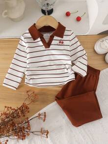 2pcs Baby Girl Casual Vintage Brown Striped Collared Waist-Cinching Long Sleeve Top & Straight Leg Pants Set, Thin Spring/Autumn - Khaki - View 3