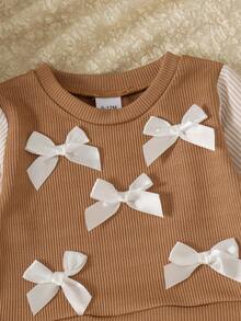 2pcs Baby Girl Cute White Bow Decor Striped Long Sleeve Top & Casual Flare Pants Set, Thin Spring/Autumn - Apricot - View 4