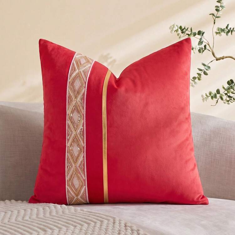 1pc/2pcs Velvet Sequin Embroidery Striped Cushion Cover (Pillow Insert Not Included), Square Decorative Pillow Sham, Holiday Home Decor, Soft & Comfortable Material, Modern Sofa, Bedroom, Dorm - Red - View 8