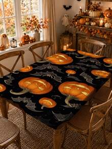 1pc Wrinkle-Resistant Rectangular Halloween Theme Elastic Tablecloth, Pumpkin & Skull Halloween Print Tablecloth, Reusable Party Tablecloth, Suitable For Outdoor Patio Dinner, Halloween Garden Party, Outdoor Autumn Holiday Decor - C - View 13