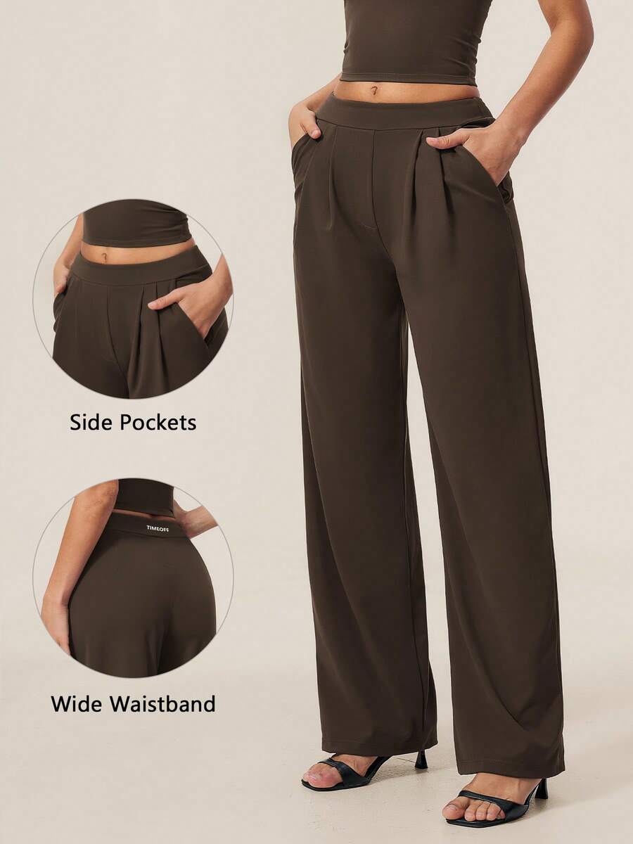 TimeOff Women's 1pc Solid Color Autumn/Winter Pleated Front Side Pocket Straight Wide Leg Long Pants - Coffee Brown - View 1