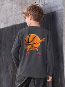 1pc Tween Boys Round Neck Long Sleeve Top, Back French Letter Slogan Print, Loose Casual Spring/Autumn Daily Outing Dark Grey Versatile Pullover Children's Clothing - Dark Grey - View 2