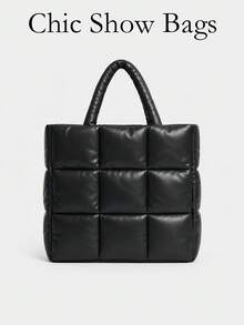 Women Handbag,Quilted Puffer Tote Bag,Grid Check Pattern,Faux Leather,Large Capacity,Minimalist Fashion For Autumn Winter Daily Work Shopping - Multicolor - View 2