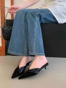 尖頭半套腳女款戶外穿著 2025 夏季包趾低跟涼鞋 時尚細跟鬆弛穆勒鞋 - 黑色 - 查看 9