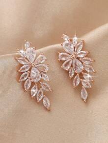 1pair Glamorous Wing Tassel Stud Earrings Luxury Cubic Zirconia Women Earring Suitable For Birthday Dating Festival Gift Copper Jewelry - Rose Gold - View 2