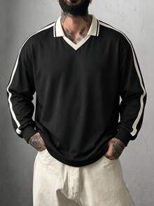 Men's Spring/Autumn Super Popular Minimalist Contrast Color Lapel Long Sleeve Polo Shirt - Black - View 2