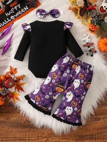 Newborn Baby Girl Autumn/Winter Halloween Black Ribbed Ruffle Long Sleeve Halloween Print Letter Bodysuit And Pumpkin Little Devil All-Over Print Ruffle Design Bow Flare Pants Set With Headband (Suitable For Halloween Night Outfit) - Black - View 2