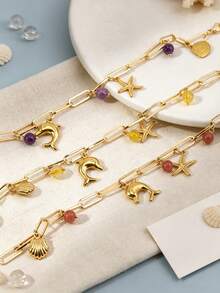 1pc Gold Color Starfish Bracelet Shell Dolphin Charm Women Handmade Metal Ocean Style Pendant Beach Bracelet Summer Jewelry H945 - Bracelet - View 3
