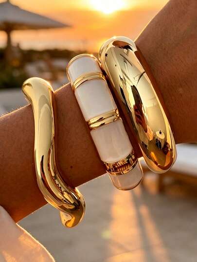 3/1pc Vintage Bohemian Style Gold Open CCB And White Drip Oil Metal Spring Asymmetrical Bamboo Joint Bracelet Set, Suitable For Women's Daily, Party, Vacation Wear And Gifting