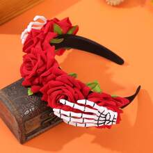 2pcs/1pc Halloween Rose Skeleton Hand Headband, Gothic Black & Red Floral Skeleton Hand Day Of The Dead Women's Party Cosplay Hair Accessory - Multicolor - View 4
