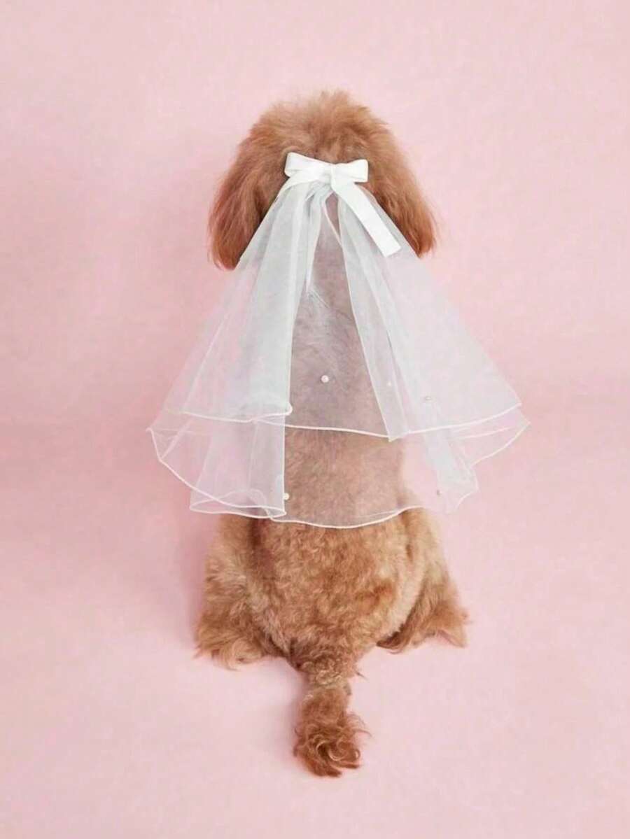 1pc Pet Wedding Dress & Headpiece Set, Suitable For Cats And Dogs - White - View 1