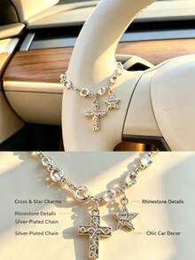 1pc Crystal Virgin Mary Rhinestone Cross Pendant, Elegant Women's Car Interior Decor Hanging Ornament, Universal Decoration For Steering Wheel, Rearview Mirror And Handbag, Exquisite Religious Style Gift For Family And Friends - A - View 6