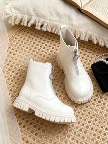 1 Pasang Sepatu Bot Pendek Anak-Anak Berkilau dengan Resleting Depan, Sepatu Bot Ankle Ujung Bulat Bergaya Vintage, Cocok untuk Pemakaian Sehari-hari dan Penataan Busana, Cocok untuk Aktivitas Luar Ruangan, Cocok untuk Musim Gugur/Dingin - Krem - View 9