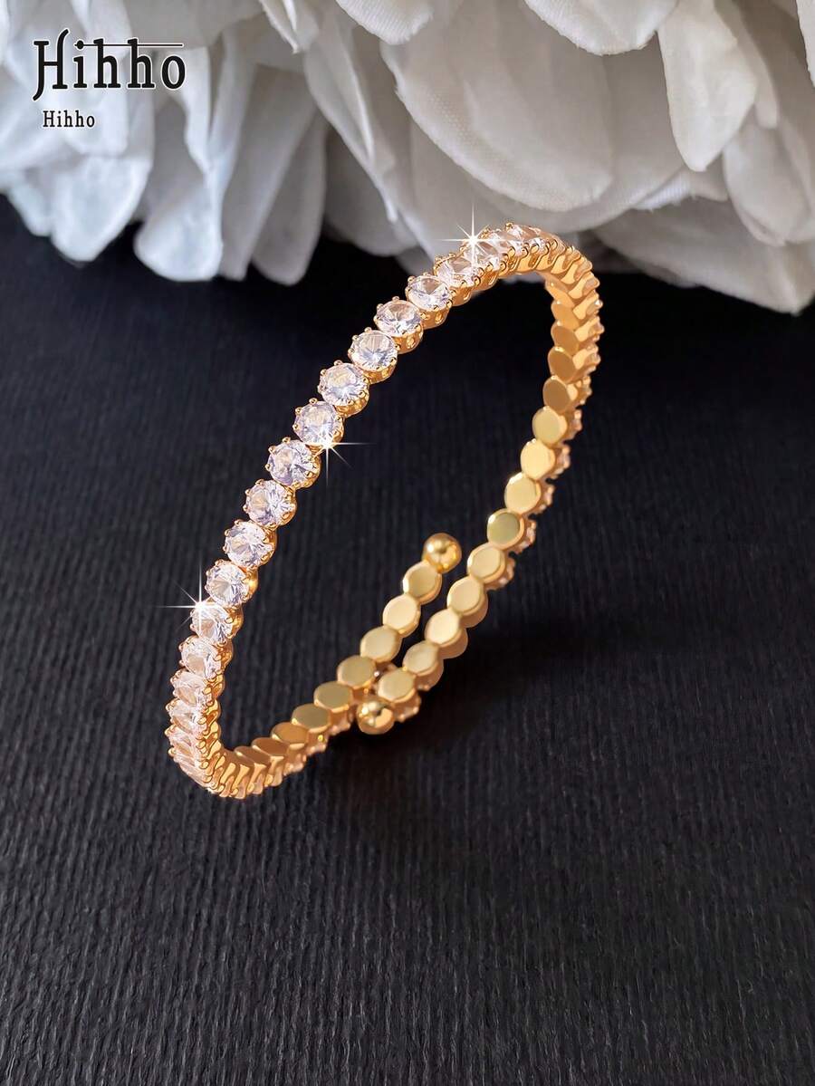 Hihho 1pc Luxury Sparkling Rhinestone Expandable Bracelet, Minimalist Versatile Layering Bracelet, Suitable For Commute And Party - Gold - View 1